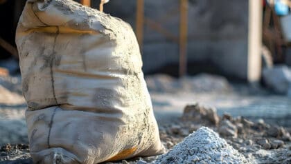 A large burlap sack sits next to a small pile of gravel on a construction site.